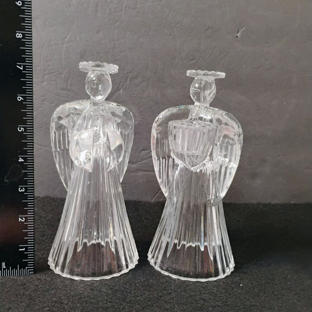 Large Vintage Crystal Angel Candle Holders, Set of 2, Glass Angels Candlesticks - Picture 6 of 10